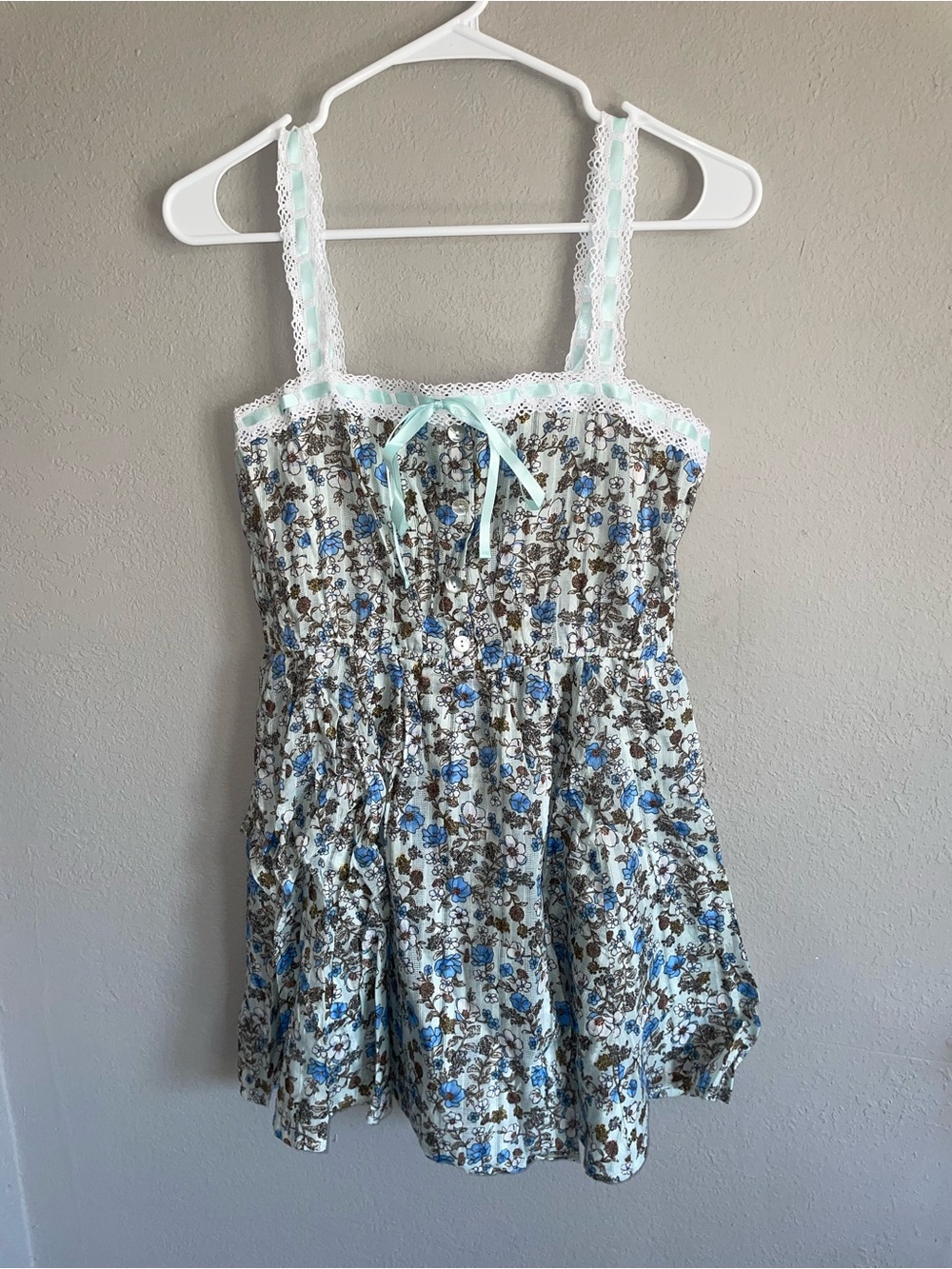 Forever 21 Blue and Brown Floral Lace-Trim Sundress short mini